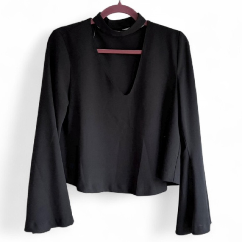 Zara Trafaluc Black Bell Sleeve V Neck Shirt Size M